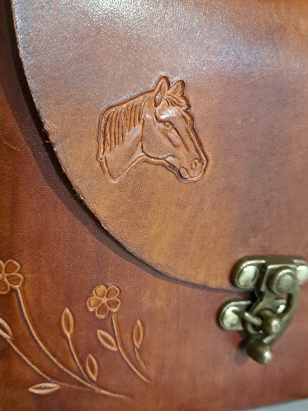 Artisan Crafted Brown Leather Crossbody Bag w/Floral & Horse Tooling Boho - Picture 2 of 10